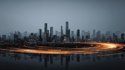 Obraz premium Smart Workflow Optimization City skyline at night with light trails and reflections on water.