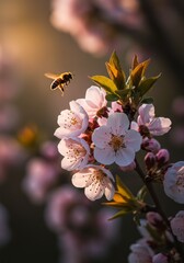 Photo Of A Bee Flying Near Pink Cherry Blossoms In Soft Sunlight