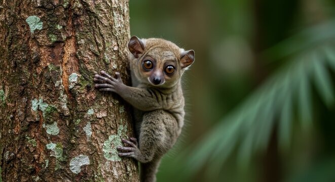 Photo of a Brown Lemur Climbing a Tree trunk against green background