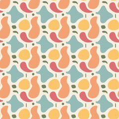 A charming seamless pattern of stylized pear fruits in vintage tones of orange, green, and teal. Ideal for kitchen textiles, food packaging, or rustic-themed designs.