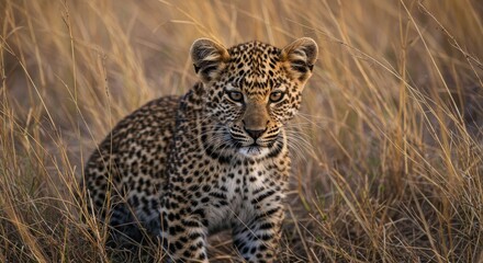 Fototapeta premium Photo of a Cute Leopard Cub in Golden Light amongst the Tall Grass