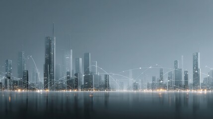 Obraz premium Smart Workflow Optimization Futuristic city skyline at dusk with reflective water and illuminated buildings.