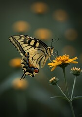 Obraz premium Photo of a Detailed Yellow Butterfly on Yellow Flower with Green Background
