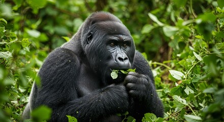 Naklejka premium Photo of a Gorilla Eating Green Leaves in a Lush Green Forest Habitat