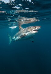 Fototapeta premium Photo of a Great White Shark Swimming Underwater with Blue Water