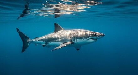 Fototapeta premium Photo of a Great White Shark Swimming in Deep Blue Ocean Waters
