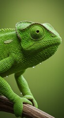 Fototapeta premium Photo of a Green Chameleon Perched on a Branch with Detailed Skin and Eye