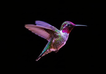 Fototapeta premium Photo of a Hummingbird in Flight with Vibrant Colors and Black Background