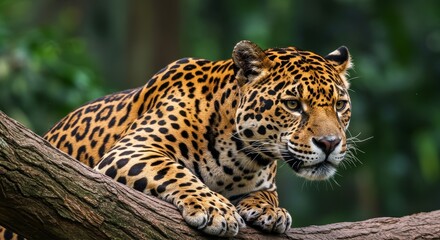 Naklejka premium Photo of a Jaguar Resting on a Tree Branch with Green Background