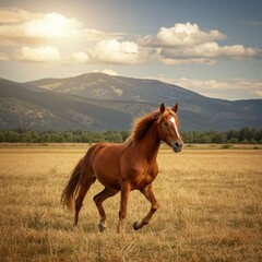Obraz premium Photo Of A Majestic Brown Horse Running Across Golden Field under a Bright Sunlight