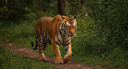 Obraz premium Photo of a Majestic Tiger Walking through Dense Forest with Lush Green Vegetation and Sunlight