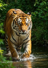 Obraz premium Photo of a Majestic Tiger Walking Through Water with Orange Fur