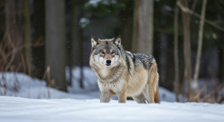 Obraz premium Photo of a Majestic Wolf Standing in a Snowy Forest with a Soft Focus Background