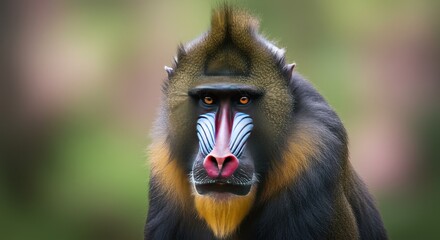 Photo of a Mandrill Primate Face Close Up with Colorful Fur and Green Background