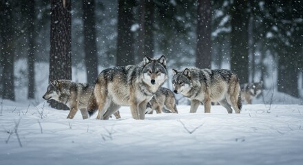 Naklejka premium Photo of a Pack of Wolves in a Snowy Forest with Winter Landscape