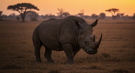 Fototapeta premium Photo of a Rhino in African Savanna at Sunset with Golden Light