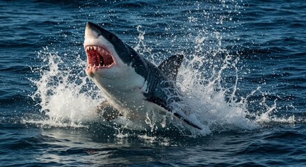 Fototapeta premium Photo of a Shark Jumping Out of Water with Blue Ocean Background