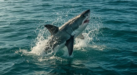 Photo Of A Shark Breaching Ocean Water With Open Jaws And Teeth