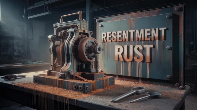 Rusty industrial machine sits on workbench with sign saying resentment rust in abandoned factory, orange rust dripping onto table and tools lying nearby