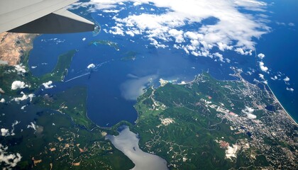 Aerial view coastal city with islands.