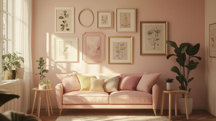 Cozy Living Room with Gallery Wall of Mixed Frames and Soft Pastel Tones in Vintage Style (4)