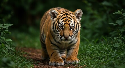 Fototapeta premium Photo of a Tiger Cub Walking Through Green Forest Showing Details
