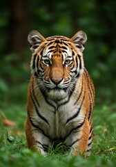 Obraz premium Photo of a Tiger in Lush Green Habitat Portrait with Orange and Black Stripes
