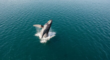 Fototapeta premium Photo Of A Whale Breaching From Turquoise Ocean Water With Sunlight