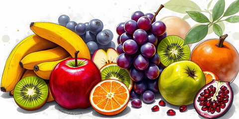 a vibrant assortment of fresh fruits arranged on a clean white background 