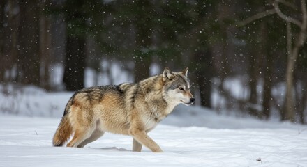 Obraz premium Photo of a Wolf Walking Through Snow in a Forest Setting with Winter Atmosphere