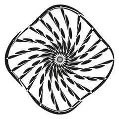 Spiral vector shape. Geometric swirl element. Curved abstract symbol. Black white contrast.