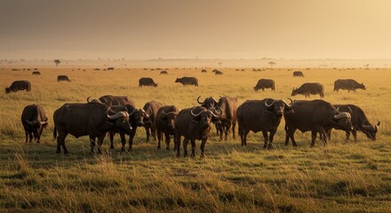 Fototapeta premium Photo of African Buffalo Herd Grazing on Golden Savanna at Sunset