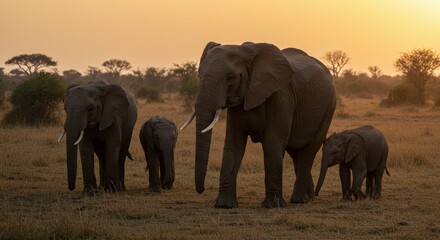 Fototapeta premium Photo of African Elephants Herd Silhouetted Against Sunset Golden Sky
