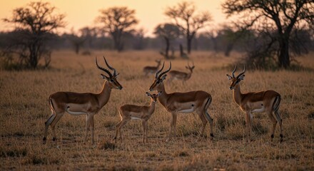 Fototapeta premium Photo of African Impala Herd Silhouetted Against Golden Sunset Sky