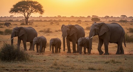Fototapeta premium Photo Of African Elephants Herd Walking Across Savanna Under Sunset Sky