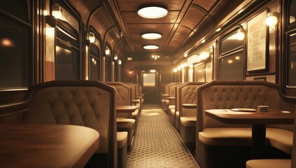 Interior of a vintage train car.  Warm lighting illuminates booths and tables