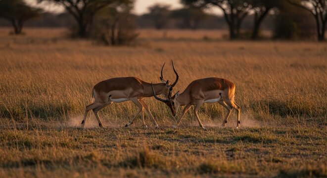 Photo of Antelopes Fighting in Golden Light at Sunset in African Savanna