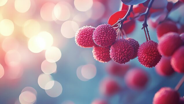 Vibrant pink berries on branches, sunlit bokeh