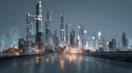 Fototapeta premium Smart Workflow Optimization Futuristic city skyline with glowing lights and abstract lines creating a digital effect.