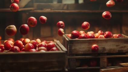 Falling apples into wooden crates
