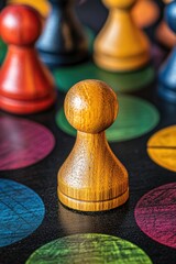 Close-up of a light brown wooden game piece on a colorful game board