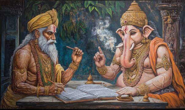 Sage Vyasa dictating the Mahabharata while Lord Ganesha writes the sacred epic manuscript Ai generation illustration