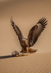 Photo of Eagle with Open Wings Standing on Sand Desert