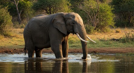 Photo of Elephant Standing in Water under Warm Sunlight with Ivory Tusks