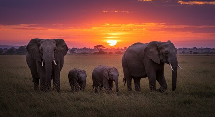 Photo of Elephants at Sunset in African Savanna with Golden Light