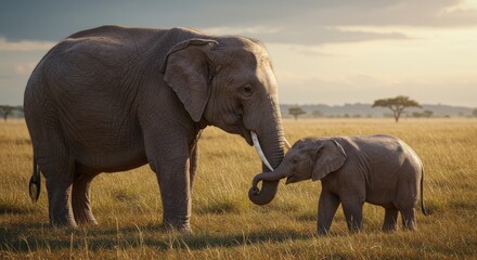 Photo Of Elephants Family Touching Trunks In Golden Savanna