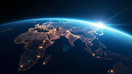 Fototapeta premium Global Network Connection with City Lights and Sunrise.