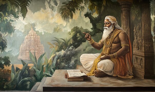 Sage Vyasa dictating the sacred epic story while Lord Ganesha carefully writes the divine manuscript from Hindu mythology Ai generation illustration