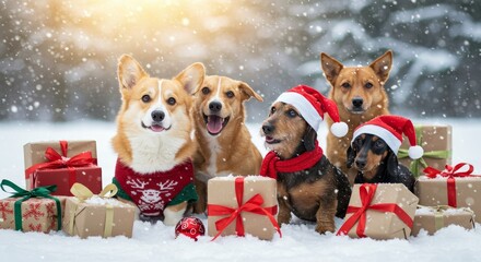 Photo of Festive Dogs in Santa Hats and Presents in Snowfall