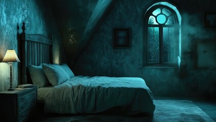 Dim, antique bedroom with arched window